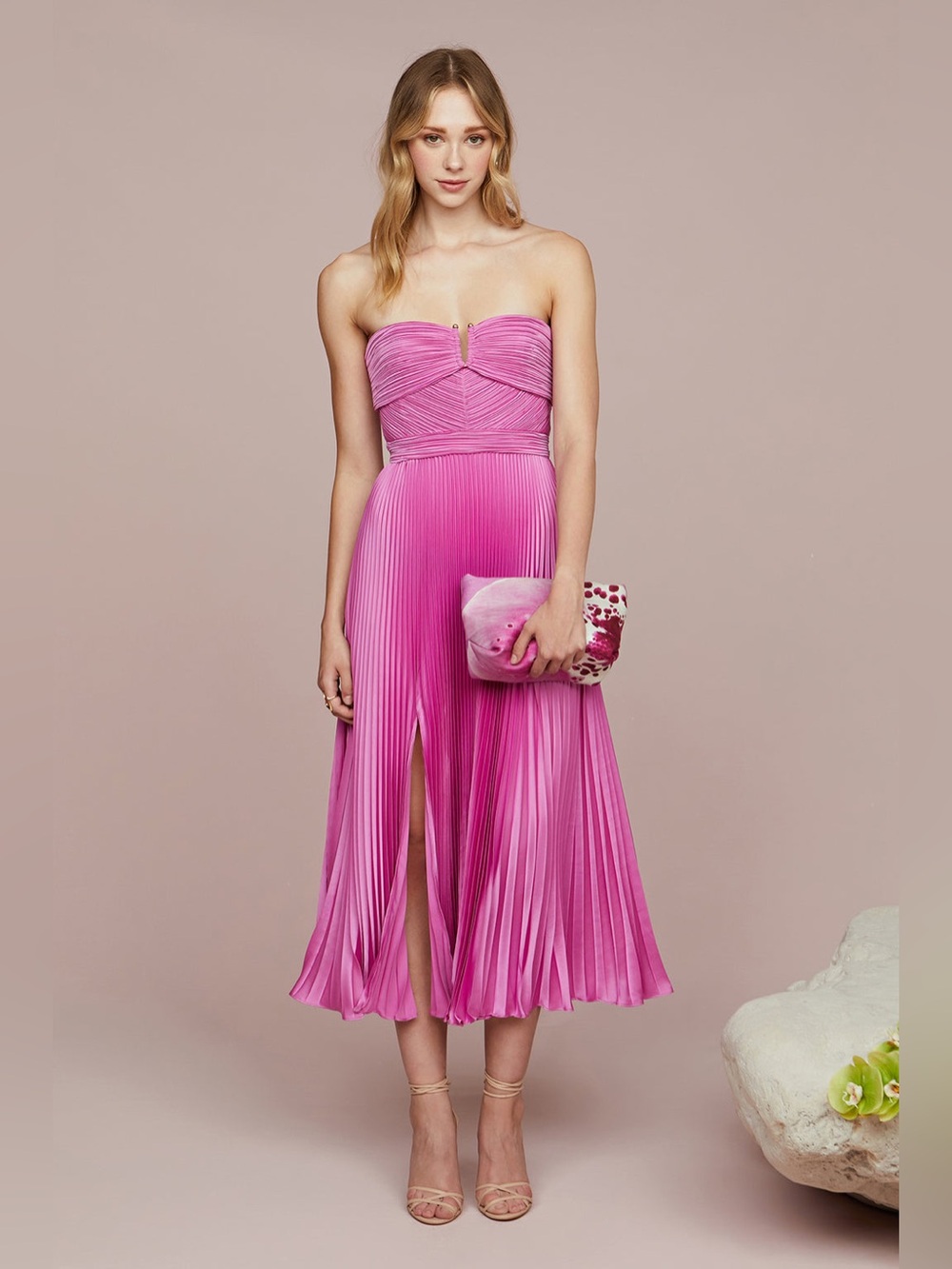 AMUR Harden Strapless Pleated Midi Dress in Pink Pearl